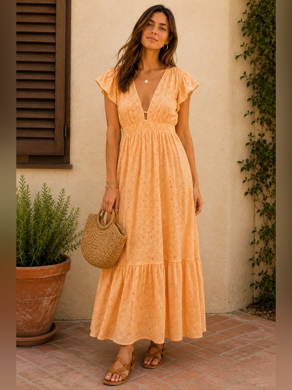 Rails Light Orange Eyelet Maxi Dress with Flutter Sleeves